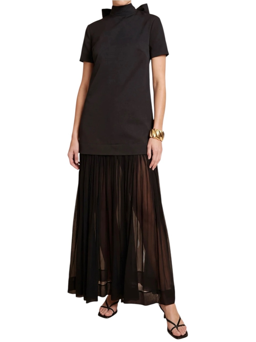 Few Moda o.p.t. Elowen Dress Black Pleated Sheer Bow Tie Back NWT